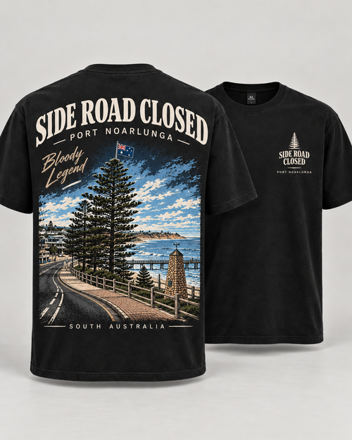 Black Side Road Closed Port Noarlunga Legend T-shirt shown front and back